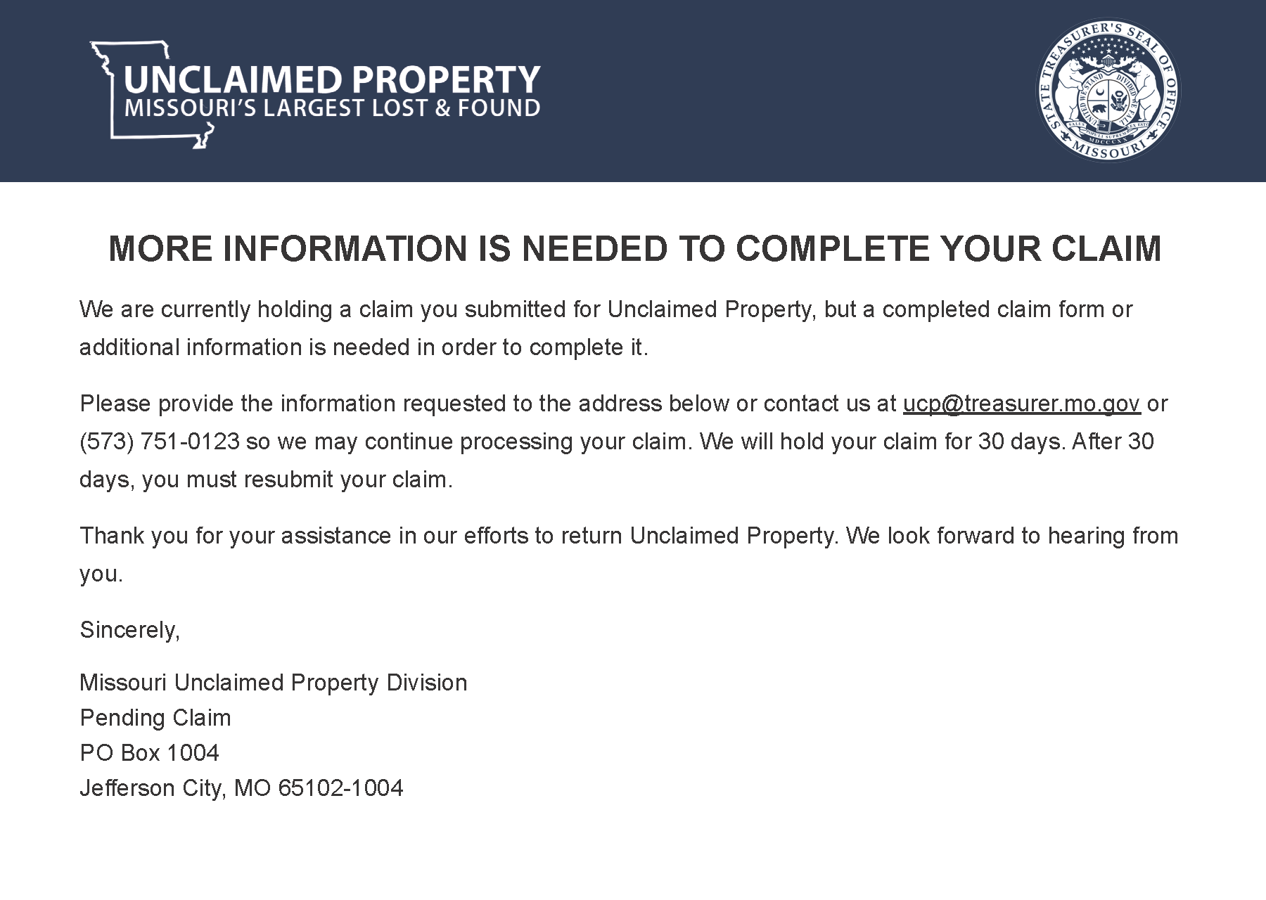 More Information Is Needed to Complete Your Claim postcard image